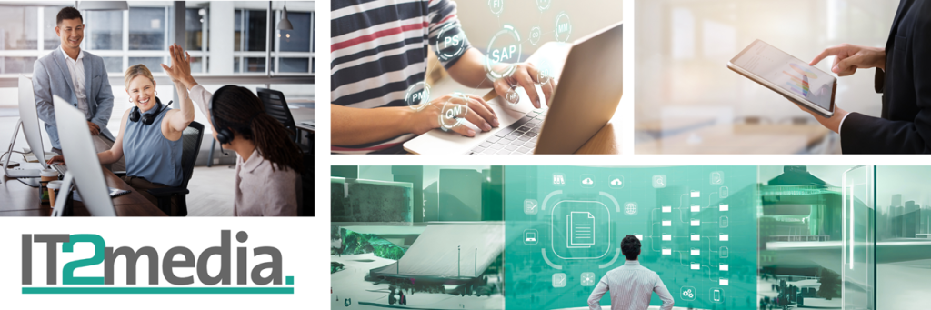 Collage mit Kollegen, Tablets und IT Symbolen