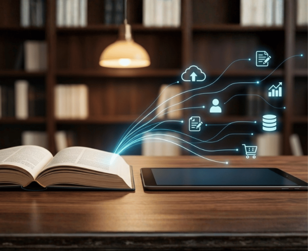 Illustration moderner Verlags-IT mit digitalen Datenströmen und vernetzten Informationen