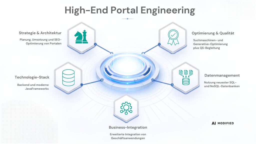 Schaubild „High-End Portal Engineering“ mit den Bereichen Strategie und Architektur, Technologie-Stack, Business-Integration, Datenmanagement sowie Optimierung und Qualität.