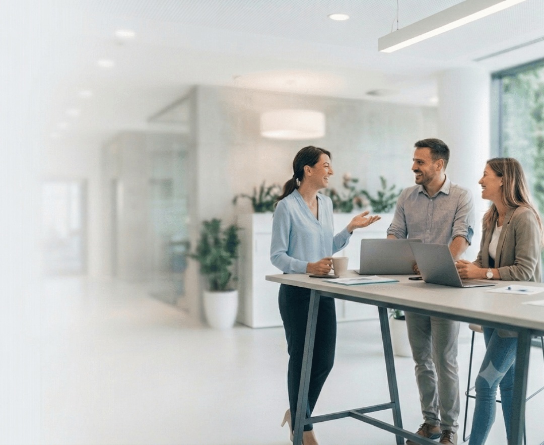 Mitarbeitende stehen gemeinsam lachend an einem Hochtisch in einem modernen Büro