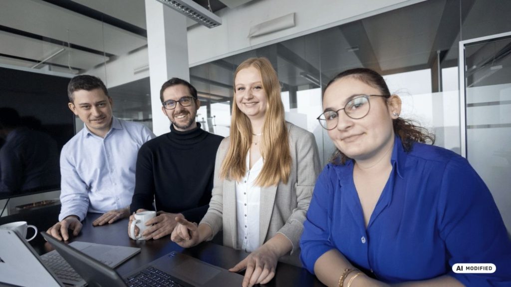 IT2media-Mitarbeitende bei einer Besprechung an einem Stehtisch