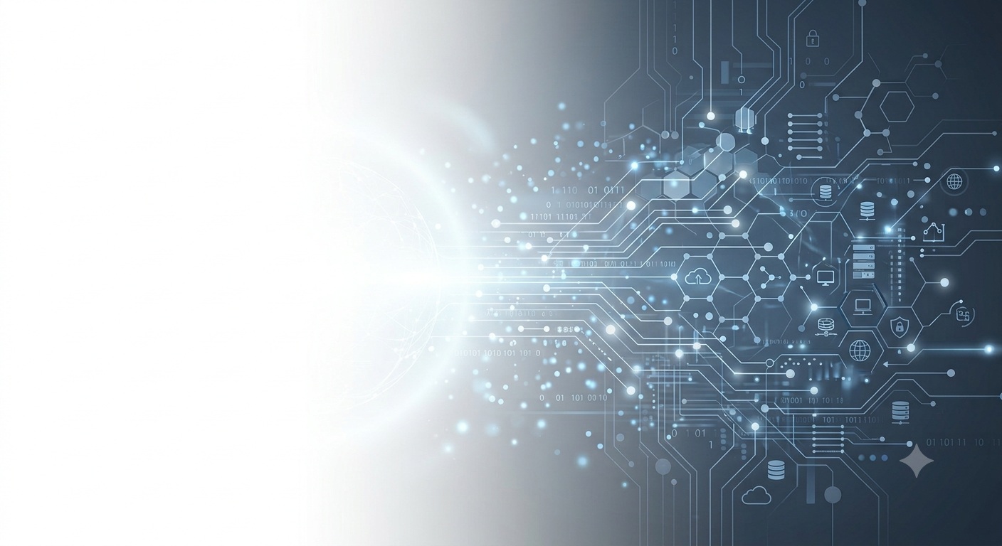Grafische Darstellung von Datenflüssen mit Binärzahlen, Cloud-Symbolen, Servern und Netzwerkverbindungen